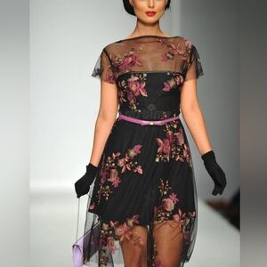 Tatyana Fit and Flare Floral Midi Dress XS Embroidered Retro Pinup Tulle Overlay